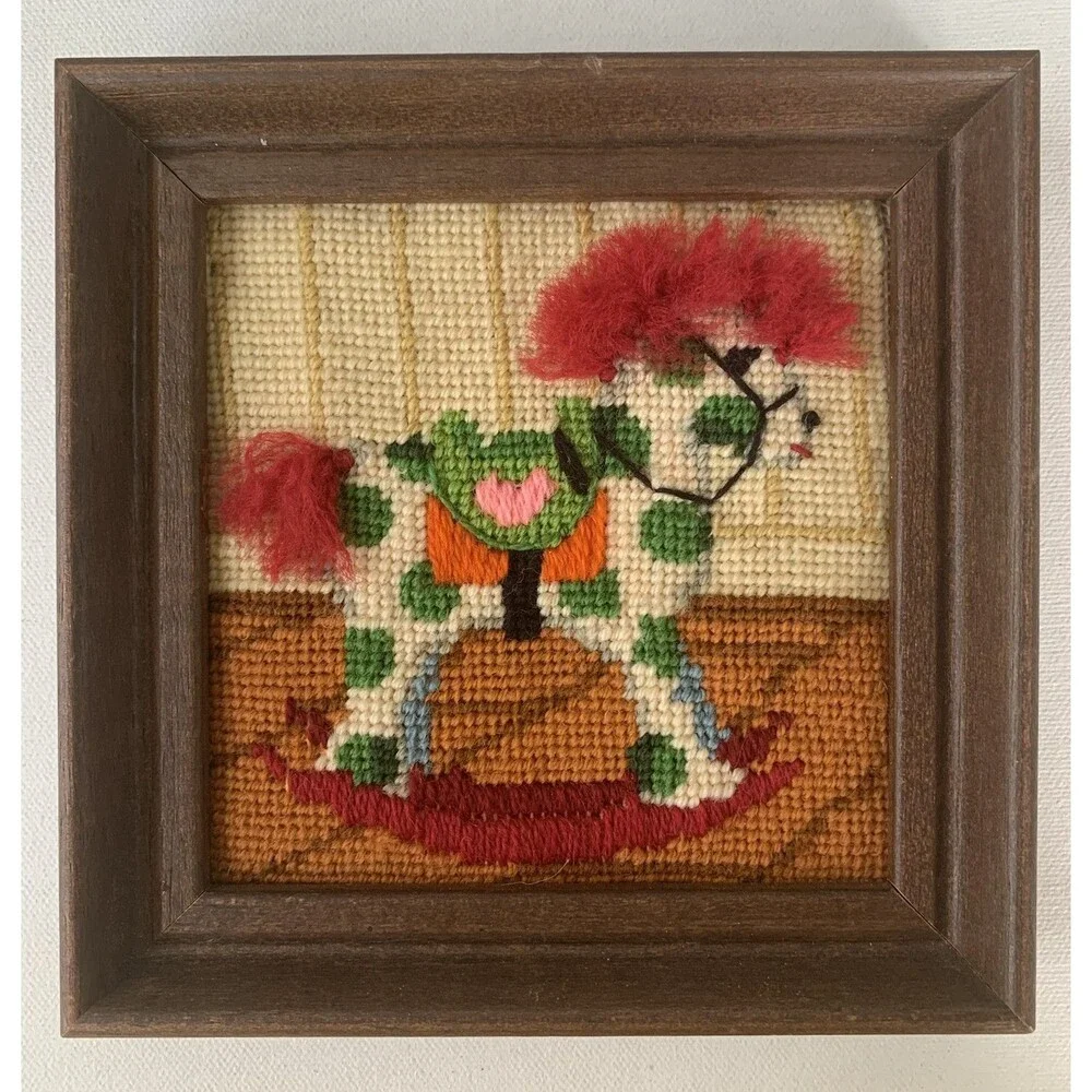 Vintage  Framed Needlepoint Rocking Horse Baby Decor Nursery Child 6.25” X 6.25”